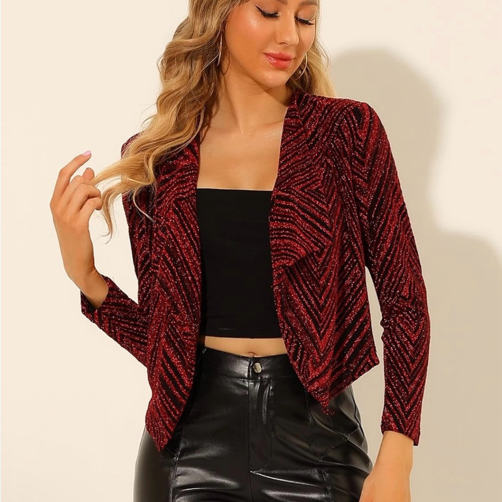 Allegra K Red & Black Sparkly Stripe Holiday Open Waterfall Cardigan NWOT - Picture 2 of 15